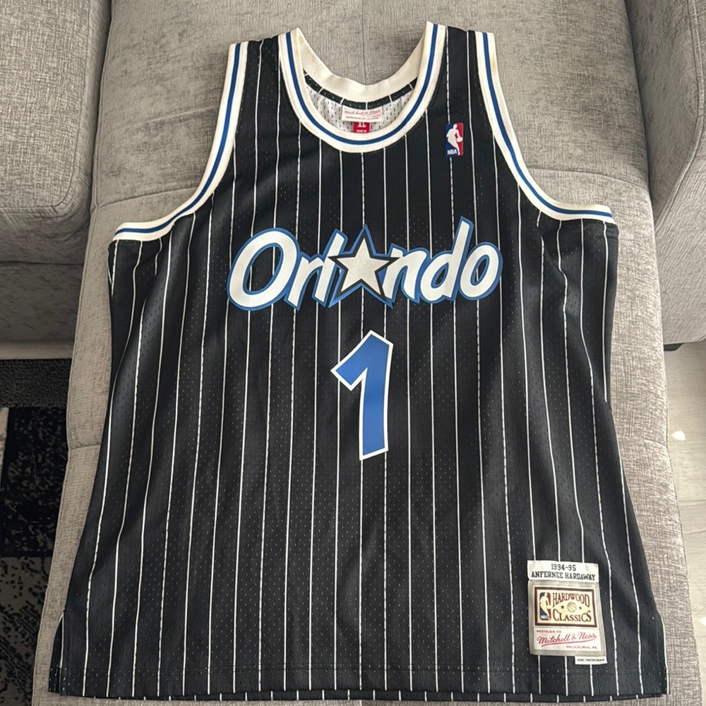 Mitchell & Ness Orlando Magic Black Pinstripe Penny Hardaway Vintage Jersey